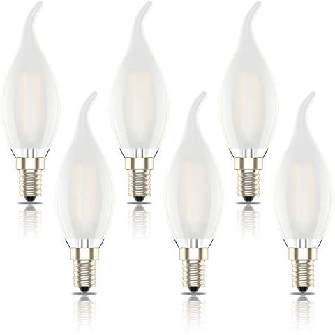 Phoenix-LED Bombillas Vela E14 Luz Calida,Regulable Filamento LED,Carcasa de Vidrio Matte,Edison Estilo Vendimia,Luz Blanca Cálida(2700K),4W Equivalente a 40W, 400 Lúmenes, Pack de 6