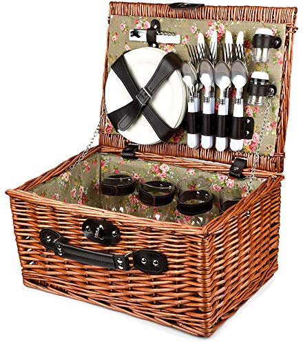 Bingo-Shop Picknickkorb für 4 Personen Inklusive Bestecksets, Korkenzieher, Weingläser und Keramikteller - 29 x 20 x 41cm Picknickkoffer Picknickset Picknick Korb