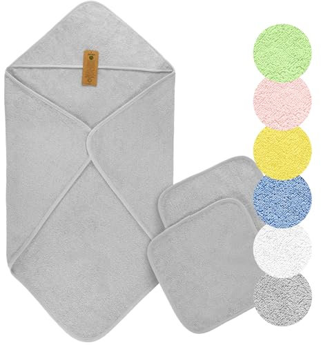 Arus Baby-Kapuzenhandtuch-Set aus Bio-Baumwolle mit 2 Baby-Waschlappen, Grau, 75 X 75 cm