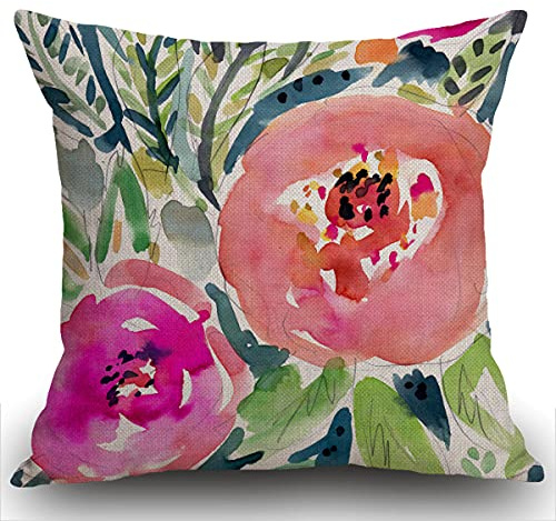 Smooffly Watercolor Flower Throw Pillow Cover Colorful Bohemian Peach Floral Boho Watercolor Pink Painterly Decorative Cushion Cover Pillow Case Home Decor Square 18 x 18 Inch Pillowcase 45 x 45 cm