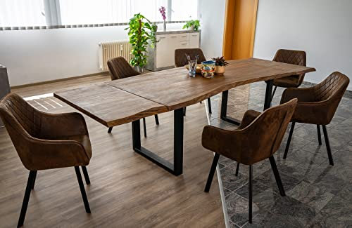 SAM Baumkantentisch 160 (260) x 90 cm Barcelona, Akazienholz massiv & nougatfarben, Esstisch inkl. 2 Ansteckplatten 50 x 90 cm, echte Baumkante, U-Metallgestell in Schwarz