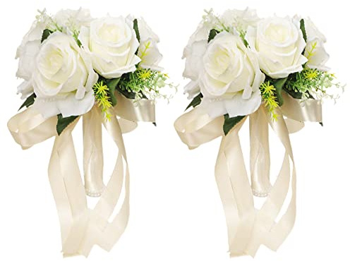 Aphmeir Ramos de novia para novia, paquete de 2 ramos de rosas artificiales para novia, flores de seda, ramo de boda con cintas, ramos de flores para boda, fiesta, decoración del hogar (blanco crema)