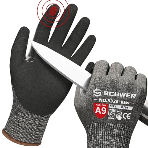 Schwer ProGuard High Level Cut Resistant Work Gloves PR3326 for Extreme Protection，ANSI A9 Cut Gloves with Reinforced Thumb, Non Slip, Durable, Touch-screen, Black 2 Pairs（M）