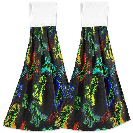 linqin Bunte Dino-Handtücher mit Hakenschlaufe, 2 Stück, Waschlappen mit Aufhängeschlaufe, Waschlappen für den Körper