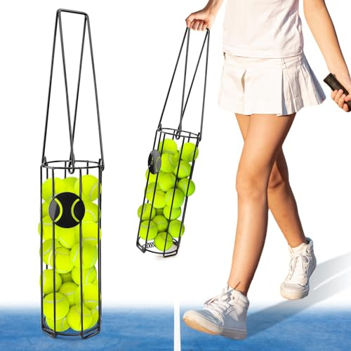 HolyMaji Cylindrical Tennis Ball Hopper Collector Pickleball Balls Retriever Basket Tennis Ball Picker Upper for Easy Picking and Storage Metal Container Holds 24 Tennis Balls Training Caddy (Black)