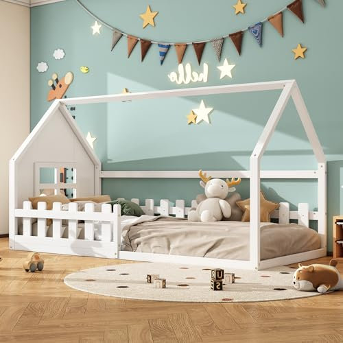 WIZBED Kinderbett Hausbett 90x200, Montessori Bodenbett mit Rausfallschutz und Lattenrost, Holzbett für Jungen und Mädchen, weiß ohne Matratze
