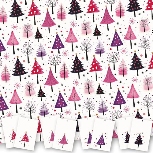 Christmas Wrapping Paper. 8 XL Sheets (50 x 70cm). Colourful Christmas Tree Design. Gift Wrap pack with matching Tags. Cutting grid on reverse. Printed in UK.