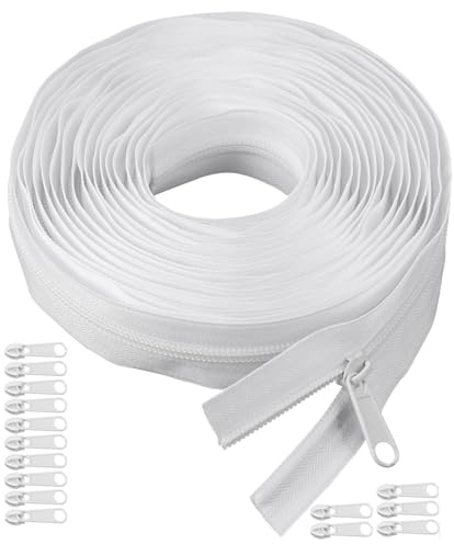 Yuannee Cremalleras por Metros para Coser,Larga 5 Metros y 15 Cursores de Metal Cremallera Continua de Nailon Blanco Cremalleras de Nailon Cortable para Ropa de Cama Costura Artesanal