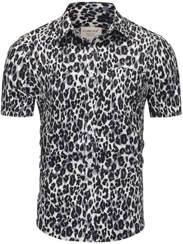 fohemr Mens Leopard Print Shirt Short Sleeve Casual Button Down Retro Cheetah Printed Shirt