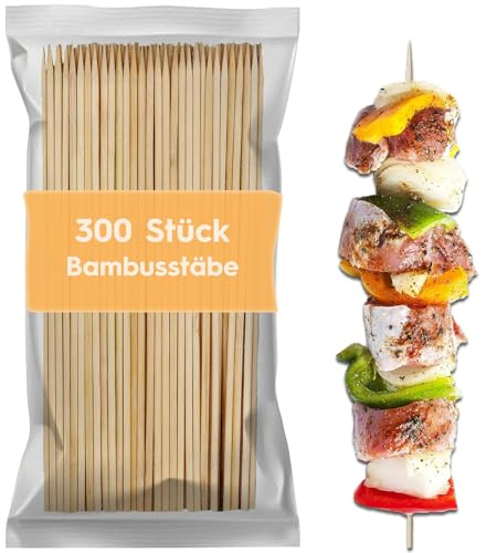 300 Stück Schaschlikspieße Holz 30 cm, Holzspieße, Marshmallow Spieße Durchmesser 35 mm, Stockbrot Spieße, Zuckerwatte Stäbe, Holzstäbchen, Bambusstäbe für Grill, Buffet, Obst, Marshmallows