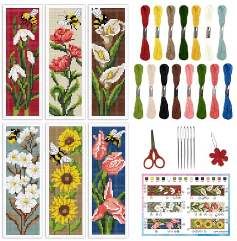 INFUNLY Juego de 6 marcadores de punto de cruz de tulipanes para adultos principiantes de 7 x 21 cm, kit de marcapáginas de bordado con estampado de girasol con instrucciones impresas (idioma español