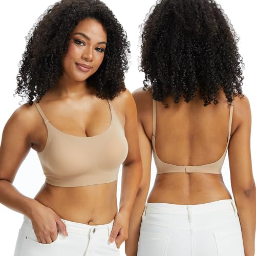 Shewant Seamless Bralette Wirefree Push Up Low Back Bra for Women Convertible Bra Tan