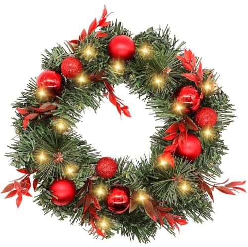 Decoración de Coronas Navideñas, Corona de Navidad con Bayas Rojo y Abetos, Corona Navideña para Puerta de Entrada, Hogar y Ventanas Decoración Día Adorno de Pared para Navideñas