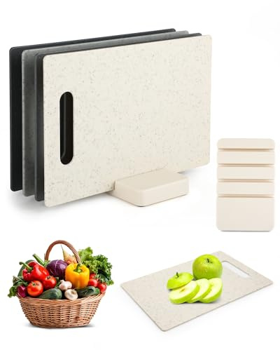 Set da 4 Taglieri in Plastica – Cutting Boards doppio lato con supporto pratico, Taglieri cucina robusti e set di tagliere plastica da cucina 28 × 18,5 cm, salvaspazio e facili da pulire