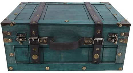 Yanmis Cofre del Tesoro de Madera, Baúl de Almacenamiento de Madera Vintage con Mango de Cuero de PU, 13,6 X 9,4 X 6,1 Pulgadas, para Decoración del Hogar, Colección de Joyas, (Retro Verde Grande)