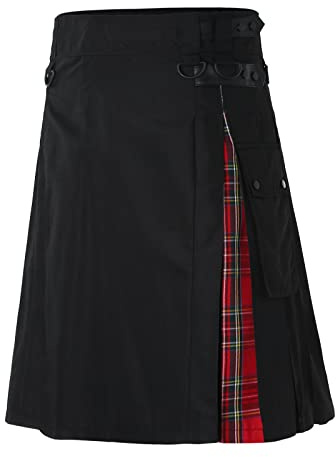 Estilo escocés casual para hombre, falda plisada con bolsillos en contraste a cuadros, rojo, L