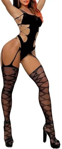 Buitifo Womens Fishnet Bodystocking Plus Size Crotchless Bodysuit Sexy Tights Soft Nightwear Lingerie (Black T08B,M)