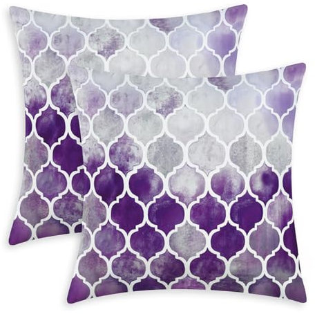 CaliTime Kissenbezüge Kissenhülle Packung mit 2 Cosy Kissenbezügen für Couch Bett Sofa manuell handbemalt bunt geometrischer Gitterkettendruck 40cm x 40cm Hauptgrau Lila Aubergine
