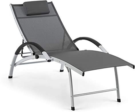 blumfeldt Sun Valley Gartenliege - mit Kopfkissen, zusammenklappbar, Gestell aus Aluminium, 4-Fach verstellbare Rückenlehne, Sun Comfort, Material: 70% PVC, 30% Polyester Comfort Mesh, grau