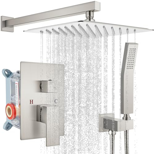 gotonovo Rainfall Bathroom Shower System Rain Shower Head and Handle Set Wall Mounted Shower Complete Combo Solid Brass Pressure Balancing Shower Mixer Valve 12 Inch Brushed Nickel
