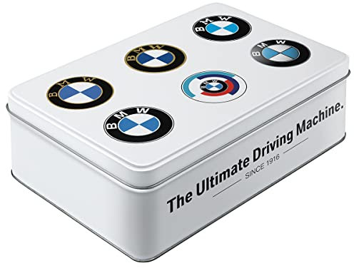 Nostalgic-Art Retro Vorratsdose Flach, 2,5 l, BMW – Logo Evolution – Geschenk-Idee für BMW Accessoires Fans, Original Lizenzprodukt (OLP), Blech-Dose mit Deckel, Werkstatt-Deko im Vintage Design