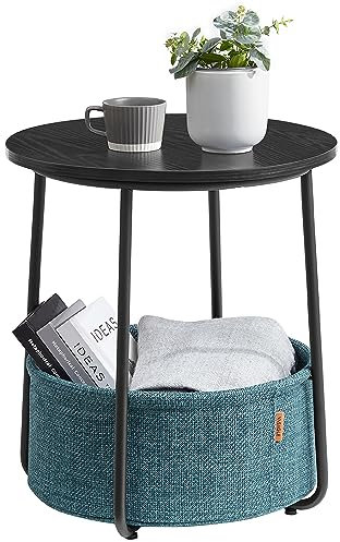 VASAGLE Side Table, Round End Table with Fabric Basket, Spacious, for Living Room Bedroom, Bedside Table, Modern Style, Black with Wood Grain and Dark Turquoise LET223B56