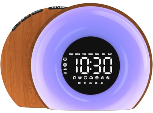 OrangeLight Wake Up Light Sunrise Alarm Clock for Bedroom Sunrise Sunset Simulation 23 Natural Sounds 13 Colors Night Light Dual Alarms and Snooze Sleep Aid for Heavy Sleepers Kids Adults (Wood Grain)