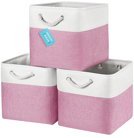 OrganiHaus Aufbewahrungsbox 30x30cm 3er-Set, Würfelkörbe aus Stoff mit Seilgriffen, Faltbare Aufbewahrungswürfel für Kallax Organizer, Ablagekörbe für das Kinderzimmer Rosa/Weiß