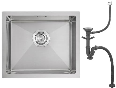 OUGOO Handmade 304 Stainless Steel Kitchen Sink, 50x45cm (Inner 45x40cm) Single Bowl Sink with Darin Waste Kit (Trap NOT Included), Under/Top/Flush-Mount, No Tap Deck, Brushed