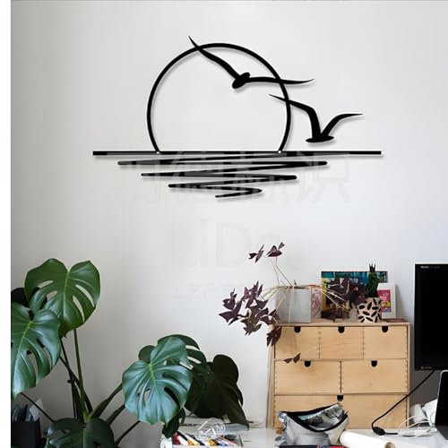 Tagtight Metall Sonnenaufgang Seagull Wandkunst, Wanddekoration mit Sonne und Möwen, Abstrakte bei Sonnenuntergang, Minimalistische Linienkunst, Wandbild für Flur/Wohnzimmer/Esszimmer
