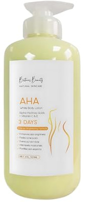 Britains Beauty AHA Loción corporal amarilla con alfa hidroxiácidos, vitamina C y E, fórmula iluminadora intensa para una piel suave e hidratada, 500 ml (amarillo, 500 ml)