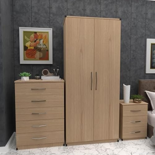 Ready 3-Piece Bedroom Furniture Set, 2-Door Wardrobe 78cm, 5-Drawer Chest 72cm, 3-Drawer Bedside 40cm (Oak)