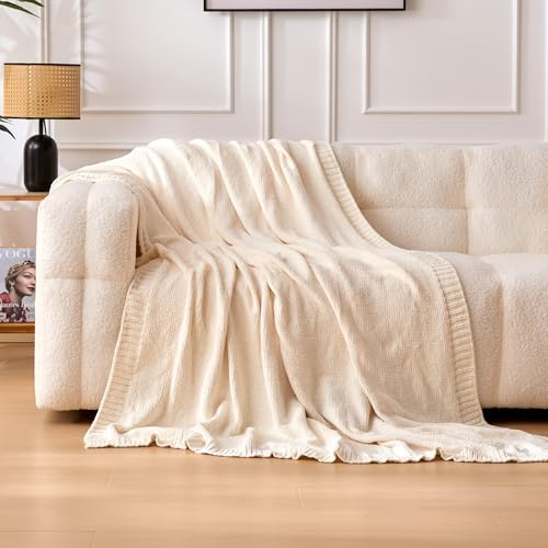 Amazon Basics Chunky Chenille Knit Microfiber Throw Blanket for Couch, Bed and Sofa, Soft and Warm Lightweight Jersey, 50×60, White