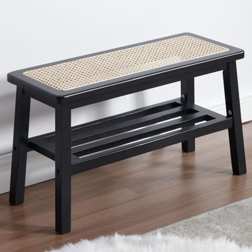 Ya-Home Banco de Cocina de Rattan, Banco Zapatero, Banco Madera Recibidor para Salon/Oficina,Negro