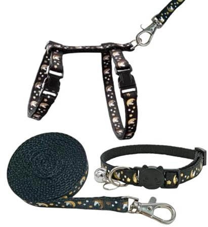 One Piece Glow in The Dark Cat Harness Leash Outdoor Walking Cat Harness Lead Set Adjustable for Kitty Outdoor Walking (Black)
