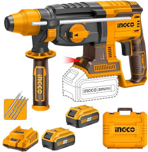 Ingco Crhli202287 Tassellatore Martello Demolitore a Batteria 20 V 2 Batterie 4 ah Caricabatterie Valigetta