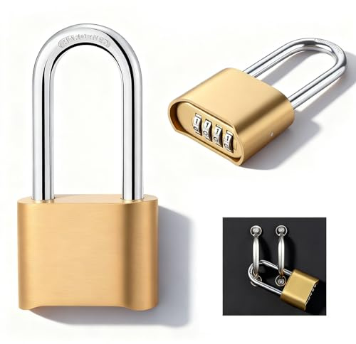 Schloss mit Zahlencode, Zahlenschloss 4 Stellig Schwer Vorhängeschloss mit Zahlencode Gold Kofferschloss mit Langem Schäkel Wetterfest Sicherheitsschloss für Tür Koffer Spind