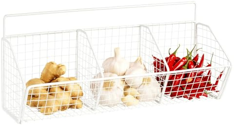 ZoeQide Cesta de pared de metal blanco con 3 compartimentos – Cesta colgante de cocina sin taladrar – Cesta de alambre para pared como cesta de frutas, verduras, almacenamiento de cebollas, cesta para