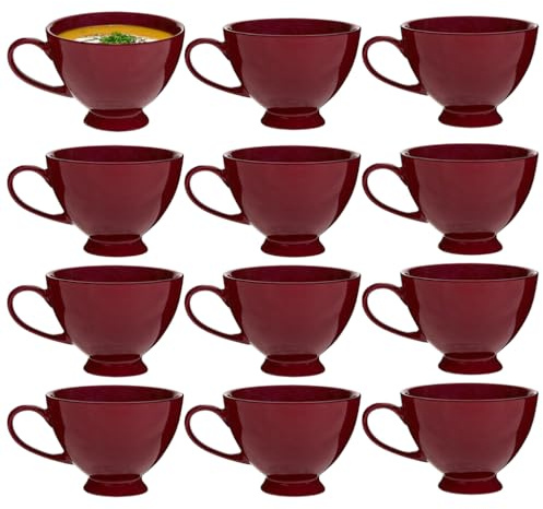 Large Soup Bowl Mugs Set of 12 Dishwasher Safe Stoneware Microwave Safe Soup Bowl Footed Mug 600ml/20oz Dining Breakfast Lunch Dinner Crockery Gift Set (Red)
