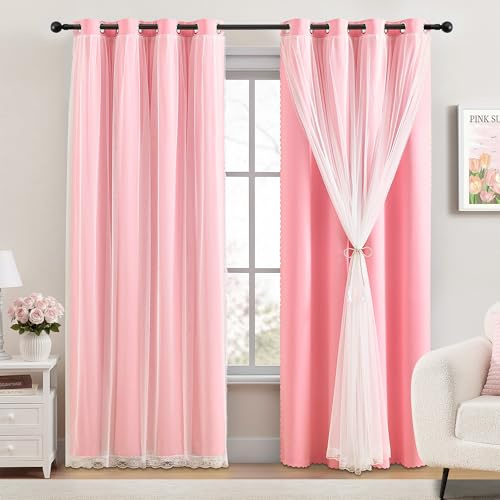 XiDi Pink Blackout Curtains for Bedroom 72 Inch Room Darkening Drapes | Eyelet Thermal Sun Blocking Soundproof Beige Curtains for Living Room Double Layer Sheer Overlay Window Treatments 2 Panels