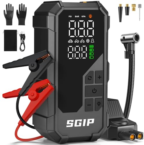 SGIP Starthilfegerät Auto Starthilfe 7000A 150PSI Reifenkompressor, 26800mAh Jump Starter Powerbank für Benzin 9L & Diesel 8L, LED-Licht & intelligente Starthilfekabel