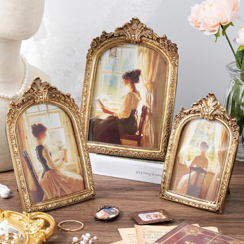 linastu 3 Pcs Vintage Picture Frames Antique Set, Ornate Gold Baroque Photo Frames with Real Glass for Tabletop and Wall Mount Ornate, Retro Home Decor and Wall Art (4x6, 5x7, 6x8)
