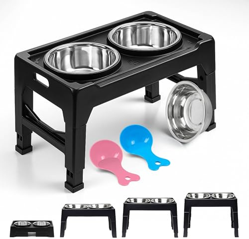 Raised Dog Bowl for Small Medium Large Dogs, Height-Adjustable Elevated Dog bowls with 2x Stainless Steel Bowls with 2x Spoons, Dog Feeding Station, Foldable Dog Food and Water Bowl Set