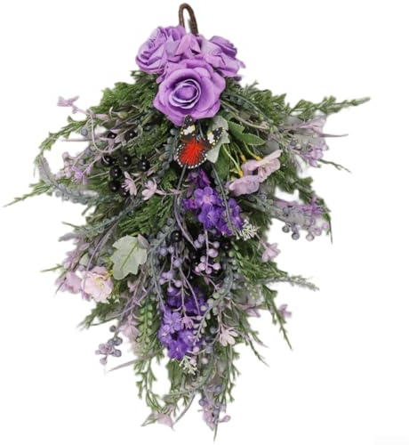 Konstgjorda blommor vägghängande, lila ros och hyacint silkesarrangemang för rustik hem- eller kontorsinredning, 50 x 35 cm