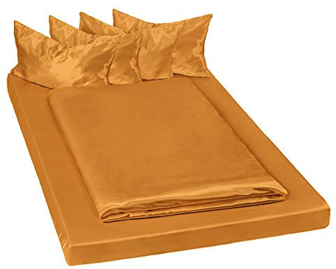 tectake® 6tlg. Glanzsatin Bettwäsche-Set Satin Betttuch Kissenbezüge Set Polyestersatin 150x200cm - Diverse Farben und Mengen - (Braun | Nr. 401394)