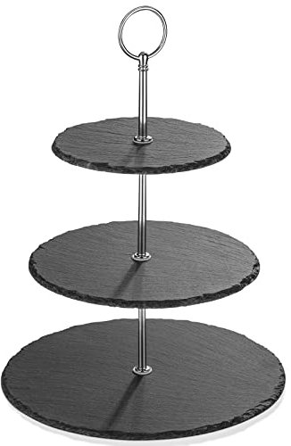MALACASA Soporte para Tartas/Torta/Dulces, 3 niveles (6 8 10) Natural Slate con Asa de Plata, Serie Sweet.Time