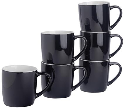 Argon Tableware Coloured Coffee Mugs - Black - 350ml - Pack of 6 - Gloss Ceramic Stoneware Latte Cappuccino Cups Hot Chocolate Cups Colourful Mug Set with Handle