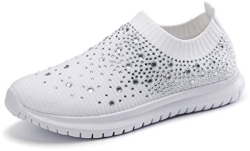 GOSPT Women's Mesh Walking Shoes Rhinestone Glitter Slip On Ballroom Jazz Latin Dance Sock Sneakers White 7.5