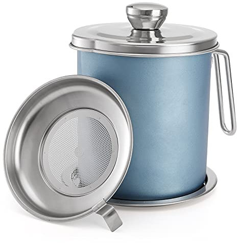 Cedilis 2 l Speckfett Behälter mit feinem Sieb, 304 Edelstahl, Ölaufbewahrungsbehälter, Fettbehälter mit staubdichtem Deckel, handlicher Griff und Tablett für Küche Kochen oder Bratöl, blau