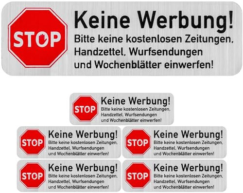 Briefkastenaufkleber Keine Werbung, 6 Stück, 67 x 21 mm, selbstklebende Folie in Edelstahl Optik, Briefkastenschild für Innen- und Außenbereich, Keine Reklame Aufkleber, Klebeschild gegen Werbung